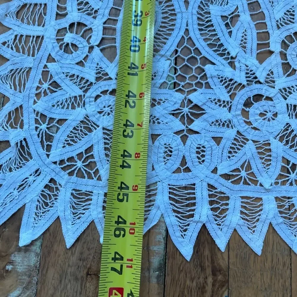 Vintage Table Runner 14 x 46.5 in White Battenburg Lace Intricate Floral Spike